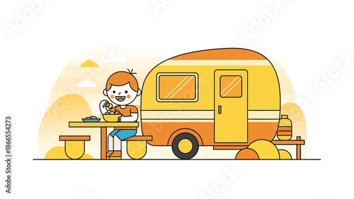 Cheerful Boy Eats Meal On Vacation Near Yellow Modern Trailer