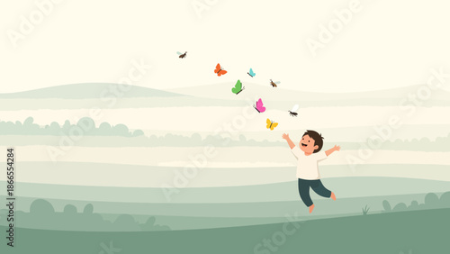 Cheerful Boy Joyfully Playing with Colorful Butterflies in a Serene Meadow