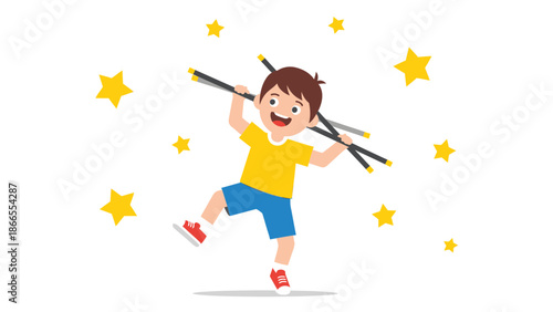 Cheerful Boy Enjoying Game With Magical Wand And Yellow Stars Illustration