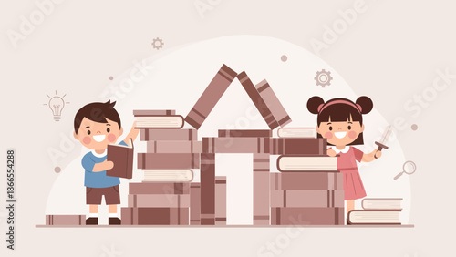 Children Building Book House Together Education And Learning Concept