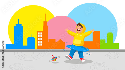 Cheerful Boy Playing With A Hoop Against Bright Cityscape Background Illustration