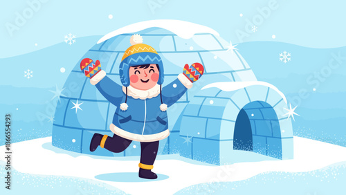 Cheerful Boy Playing Near an Igloo On a Winter Day with Snowflakes Falling