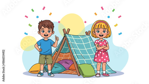 Cheerful Children Enjoying a Cozy Indoor Tent Adventure with Playful Confetti