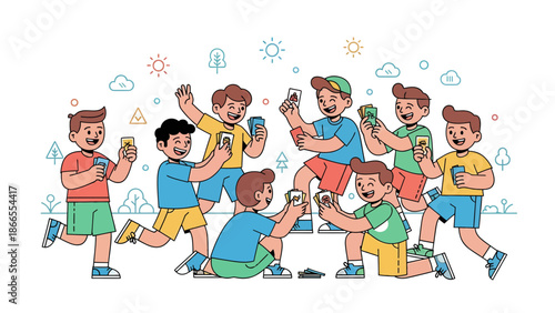 Cheerful Children Enjoying A Game Of Cards Outdoors With Playful Designs