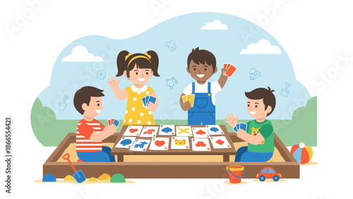 Children Playing Memory Card Game Together In Sandbox With Toys Having Fun