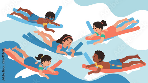 Cheerful Children Floating on Swimming Noodles in Water Having Fun