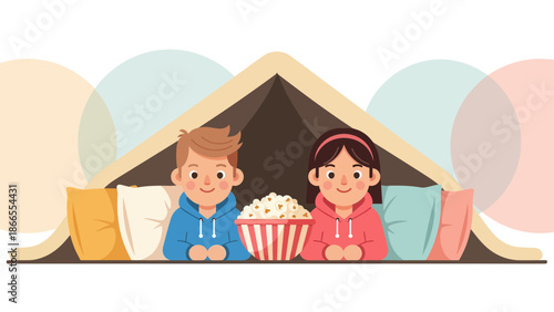 Cheerful Children Enjoying Movie Night Inside Cozy Pillow Fort With Popcorn