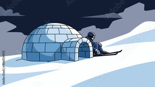 Chill Explorer Resting By Igloo On Ski Expedition In Snowy Mountainous Landscape