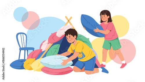 Childrens Pillow Fort Adventure Happy Youngsters Building A Cozy Den