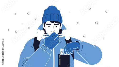Chilly Trekker Seeking Warmth In Winter Season And Pulling Out Items From Pocket