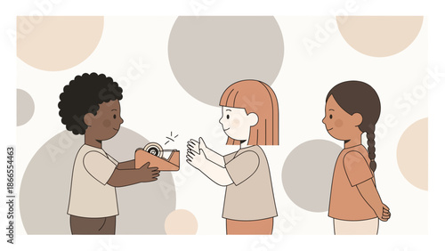 Cheerful Diverse Young Children Participate in Crafting or Gift Wrapping Scene