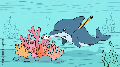 Cheerful Dolphin Illustrator In The Ocean With Coral And A Small Character