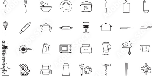Minimalist Kitchenware Line Icons and Modern Cooking Utensil Symbols Set for Culinary Arts and Restaurant Menu Design.