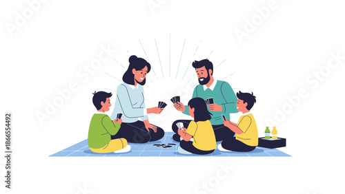 Cheerful Family Enjoying Card Game Leisure Time Together At Home Illustration