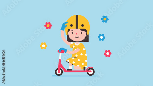 Cheerful Girl Riding Scooter And Wearing Protective Gear Surrounded With Flowers
