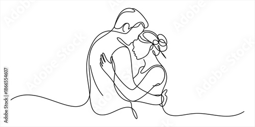 A tender embrace: a continuous line drawing of a couple's love Vector, illustration