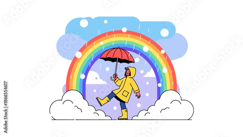 Cheerful Girl Enjoying Rainfall Under Colorful Rainbow With Her Umbrella