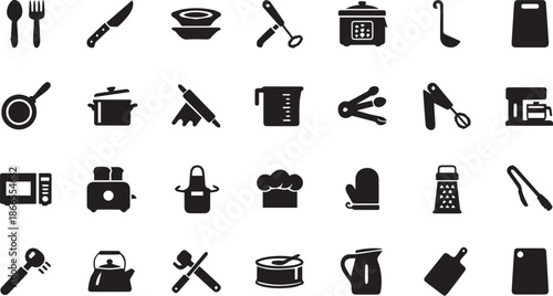 Minimalist Kitchen Utensil Icons and Modern Cooking Tool Symbols Set for Culinary Branding and Restaurant Menu.