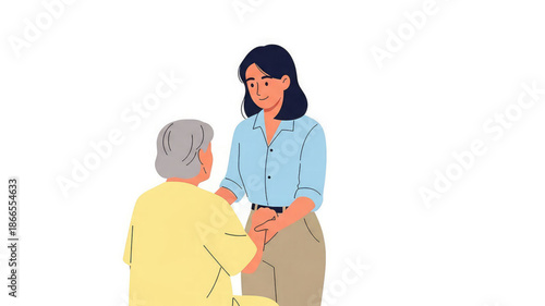 A young woman assisting an elderly person with a supportive gesture