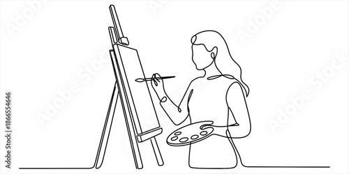 A minimalist continuous line drawing depicting a female artist at work on her canvas Vector, illustration