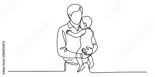 A continuous line art drawing illustrating a father gently holding his small child Vector, illustration
