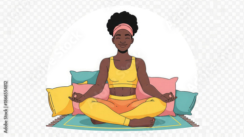 A serene dark skinned woman in yellow activewear sitting in lotus