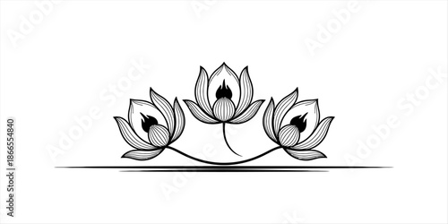 Elegant hand-drawn black and white illustration featuring three decorative lotus flowers Vector, illustration