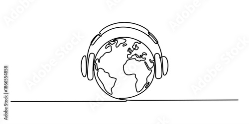 A continuous line art drawing of the earth globe listening to music through headphones Vector, illustration