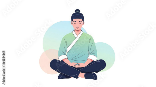 A serene asian man meditates in a peaceful lotus position with eyes
