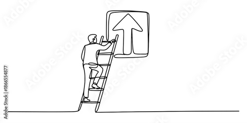A person climbing a ladder towards an upward arrow, symbolizing career advancement and progress. Vector, illustration