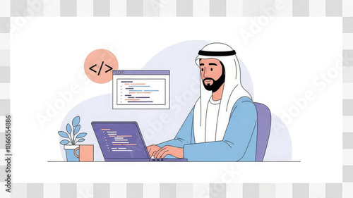 Arabian man in traditional attire working on laptop with coding