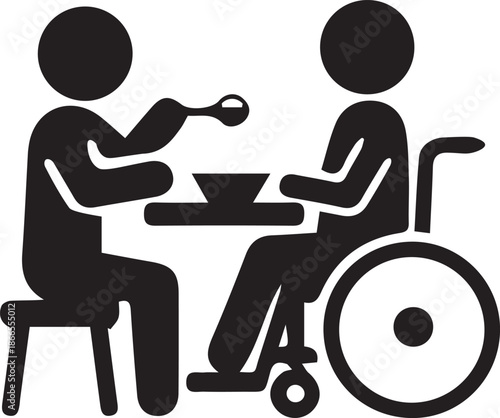 wheelchair user assisted dining accessibility care support icon person helping disabled individual table isolated on white background.