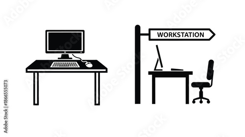 Simple workstation setup with computer chair and direction sign silhouette