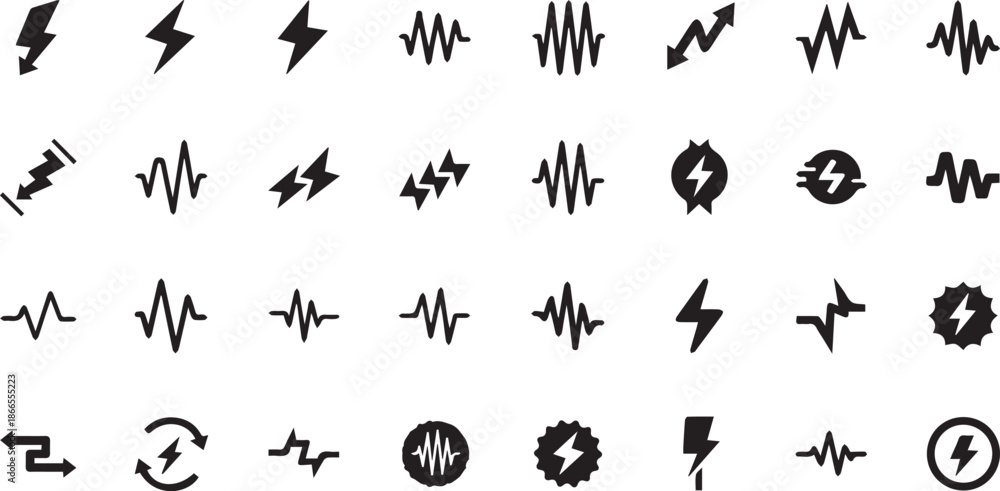 Fototapeta premium Minimalist Electrical Waveform Icons and Modern Power Pulse Lightning Symbols Set for Tech and Energy Branding.