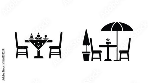 Outdoor cafe setting with table chairs and umbrella a striking silhouette