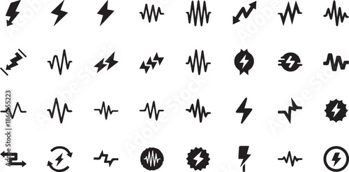 Minimalist Electrical Waveform Icons and Modern Power Pulse Lightning Symbols Set for Tech and Energy Branding.