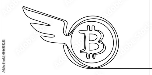 Continuous line drawing of a flying bitcoin coin representing fast cryptocurrency value Vector, illustration