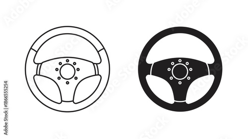 Two steering wheels one outlined and one solid graphic design silhouette