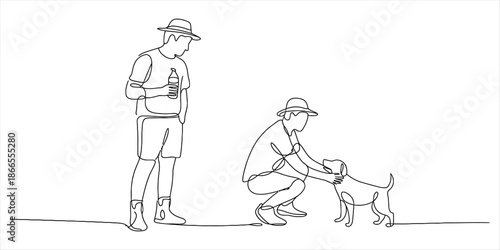 Man with hat interacting with a dog during daytime Vector, illustration