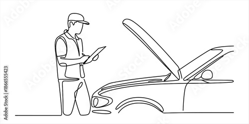 A mechanic performs a vehicle inspection with the hood open in a continuous line art drawing Vector, illustration