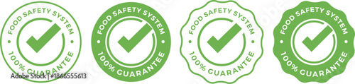 Set of Green Vector Food Safety System 100% Guarantee Badges with Checkmarks