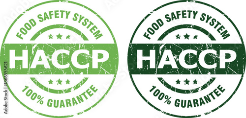 Two Green HACCP Food Safety System Grunge Stamps, '100% GUARANTEE' Isolated Vector
