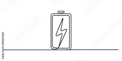 A minimalist continuous line art drawing of a battery icon with a lightning bolt symbol Vector, illustration