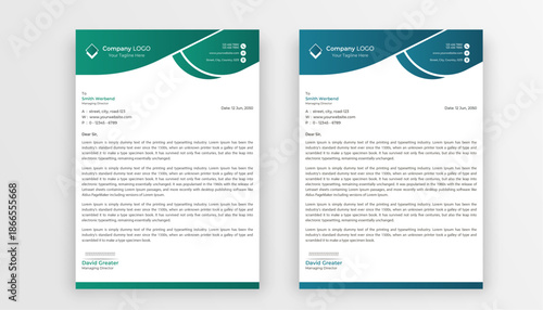 Two sample business letters with green and blue headers on white background