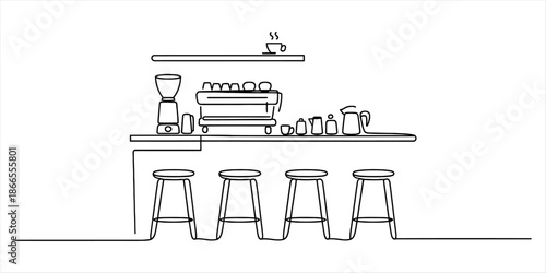 A continuous line drawing of a minimalist coffee bar setup with stools Vector, illustration