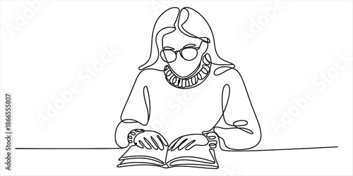 A continuous line drawing of a woman with glasses reading a book Vector, illustration