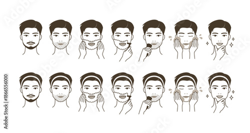 Two male grooming routines in eight illustrated steps from facial hair to clean, glowing skin.