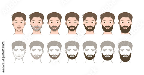 Beard growth progression in illustrated male faces, shown in color and grayscale from stubble to full beard.