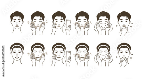 Male and female skincare routines in six illustrated steps from blemished to glowing skin.