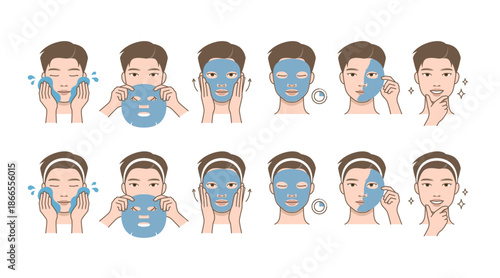 Facial sheet mask skincare routine steps illustrated as a flat vector set for men and women isolated on transparent background.